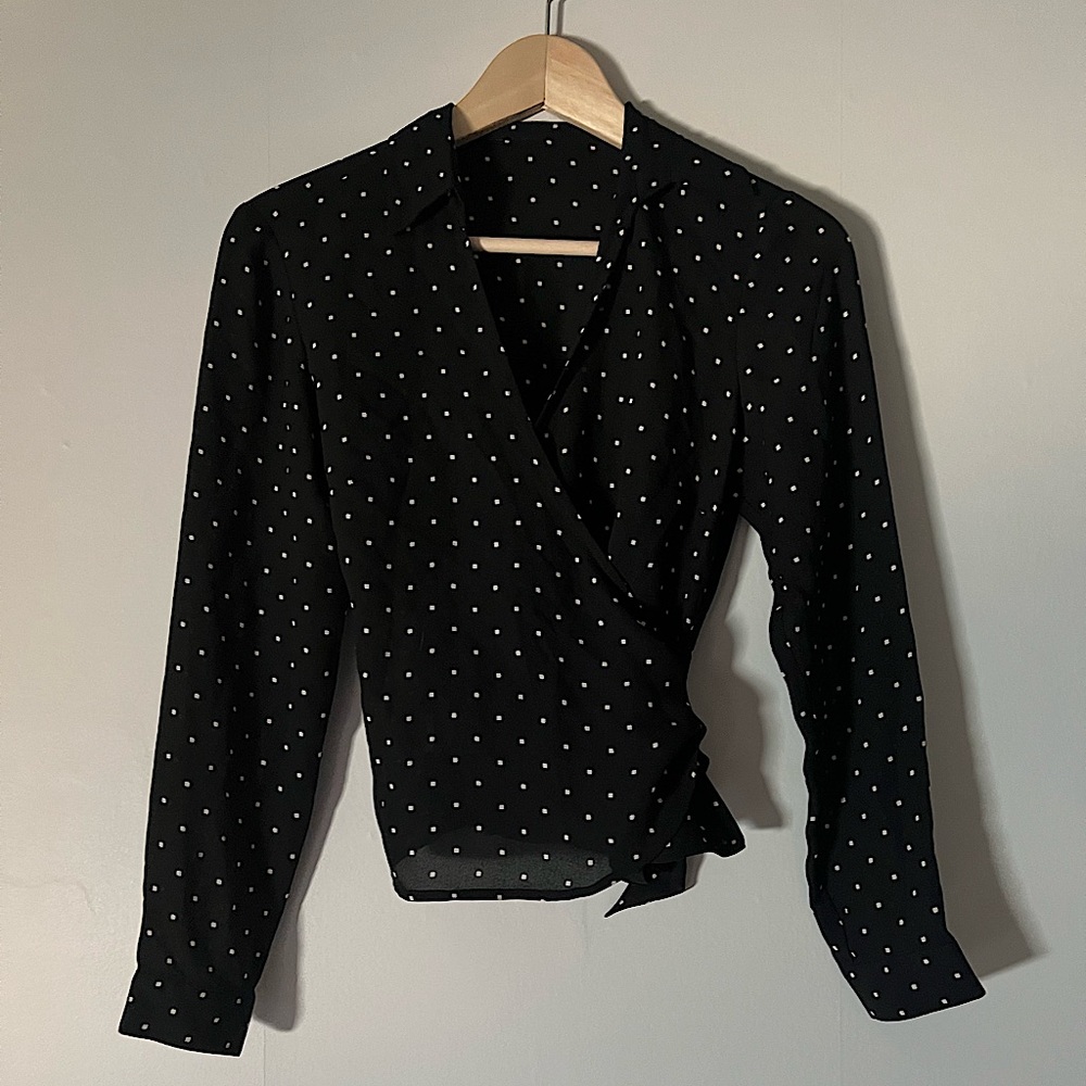 Black Collared Wrap Top with Diamond Print